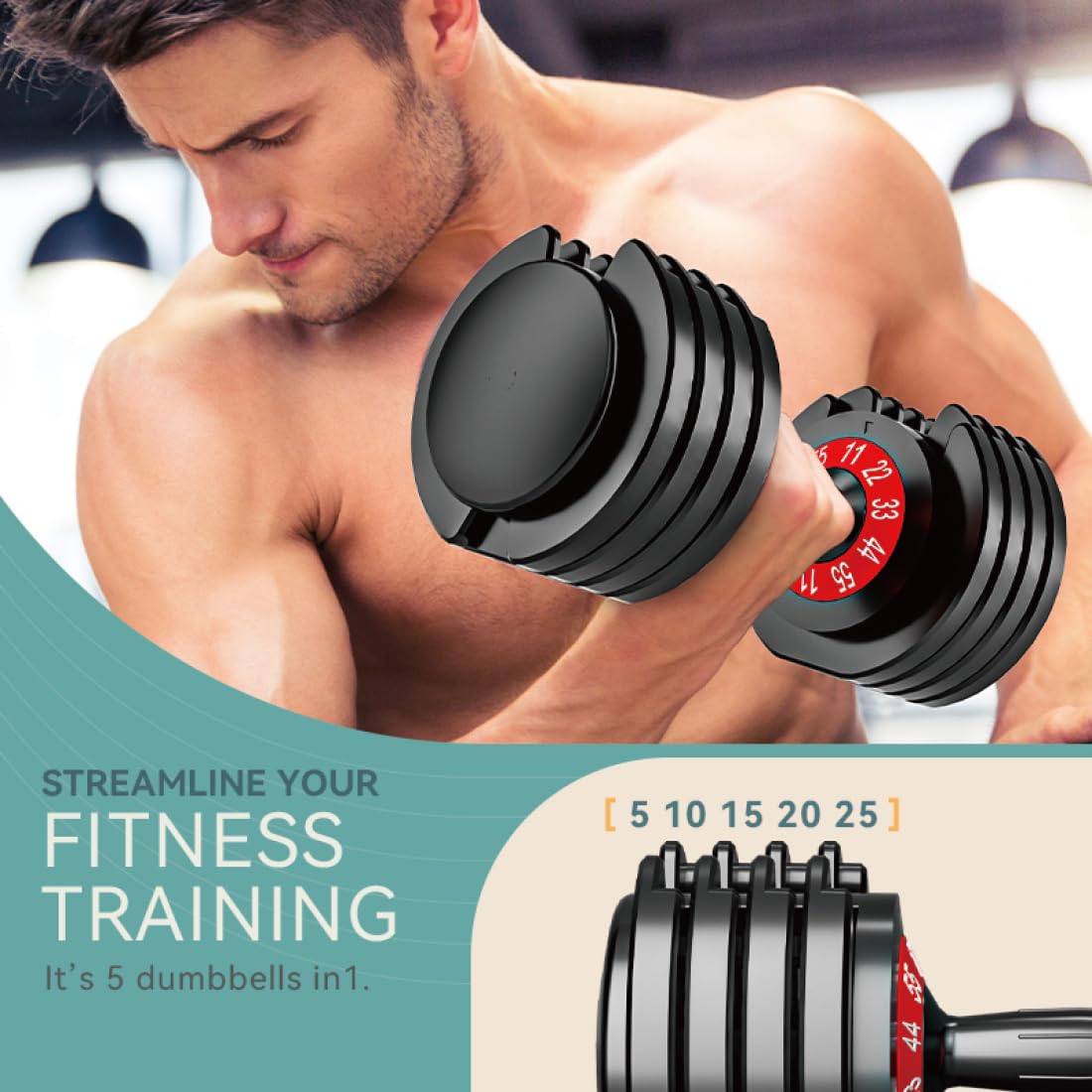 조절 가능한 덤벨 세트 5-in-1 퀵락 25lbs/5 - Home Gym Custom 리뷰 및 가격